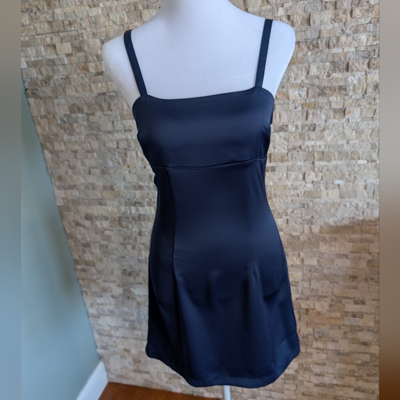 Urban Outfitters Dresses & Skirts - Urban Outfitters UO 90s Style Navy Blue Satin Mini Dress Keyhole Open Back Small